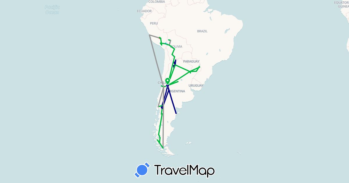 TravelMap itinerary: driving, bus, plane, hiking, boat in Argentina, Bolivia, Brazil, Chile, Peru, Paraguay (South America)